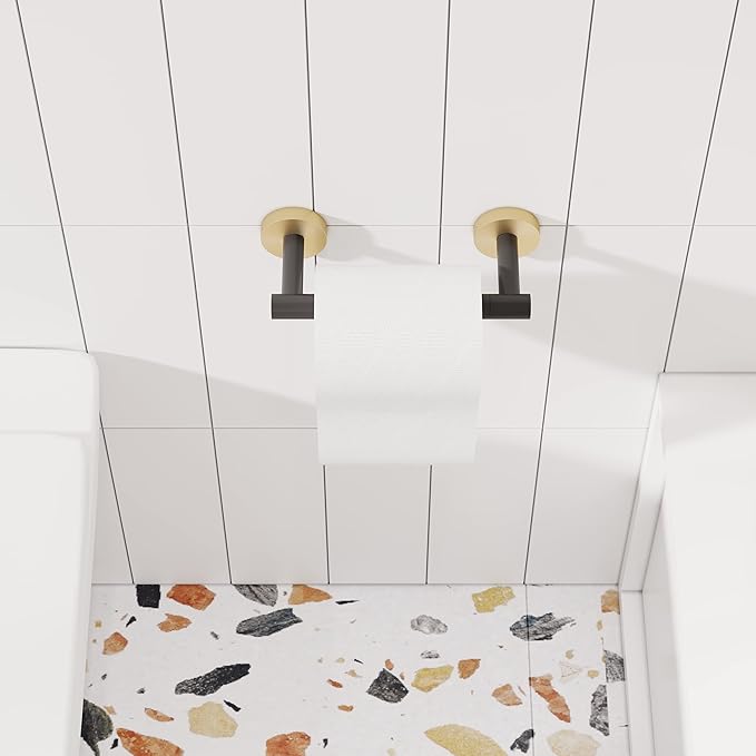 RARXTR Black and Gold Toilet Paper Holder SUS304 Stainless Steel Double Post Pivoting Toilet Paper Roll Holder Wall Mounted Tissue Holder for Commercial Bathroom RV Matte Black & Brushed Brass Finish