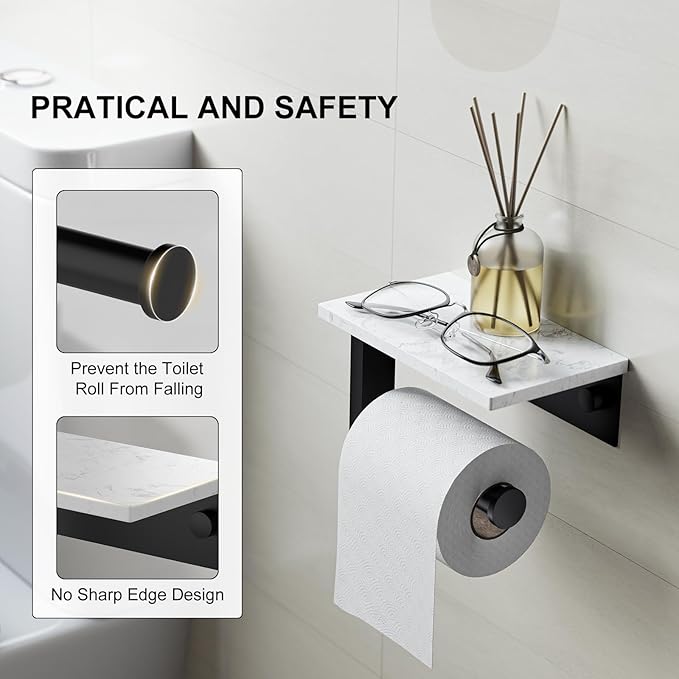 Toilet Paper Holder with Marble Shelf, 304 Stainless Steel Tissue Hand Holder Wall Mounted Toilet Paper Roll Hold with Phone Shelf for Bathroom Kitchen Washroom Bedroom, Matte Black