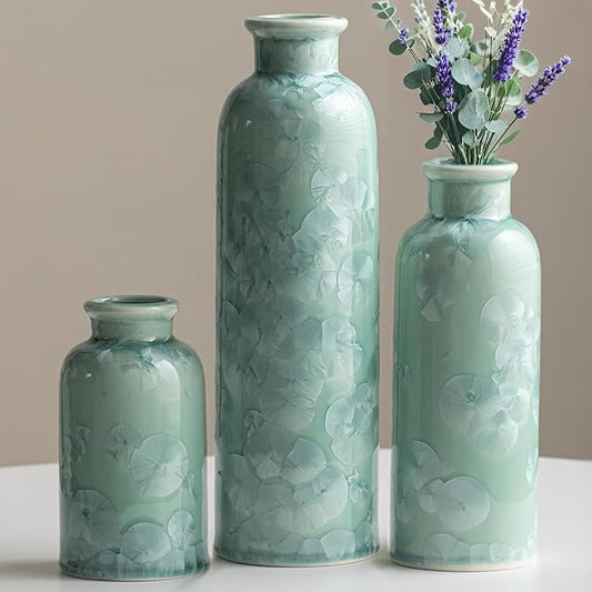 Modern Ceramic Vase Set of 3, Green Crystalline Glaze Colors, Decorative Bottles for Home, Farmhouse Rustic Decor Housewarming Gifts, Wedding Gifts, Birthday Gifts for Women(Crystalline Glaze Green)