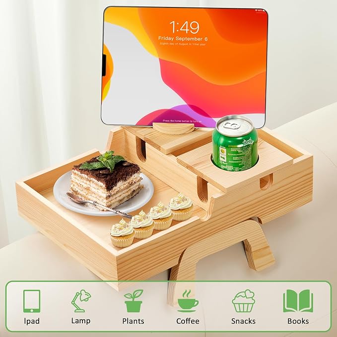 Couch Armrest Table, Sofa Arm Tray with Cup Holder w/360° Rotated Phone Holder, Pine Wood Sofa Arm Clip-On Side Table for Drink Snack Remote Holder