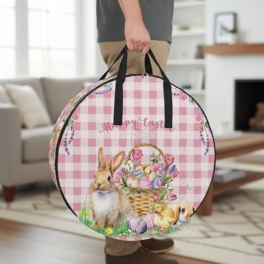 36 Inch Round Storage Bag 1 Pack,Easter Bunny Eggs Basket and Chick Waterproof Wreath Storage Container with Handles&Zipper Spring Flower with Pink Lattice Closet Organizer Bags Garland Box