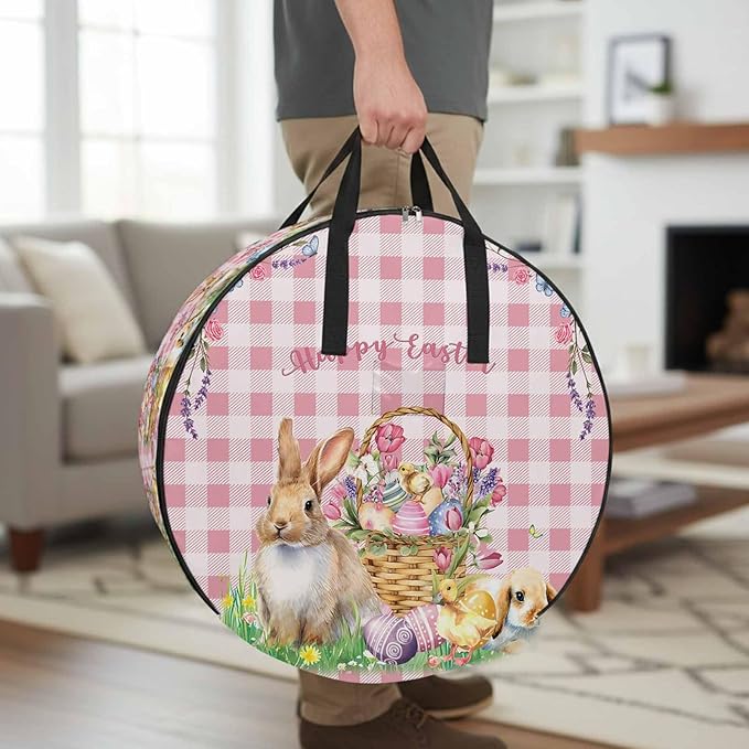 30 Inch Round Storage Bag 1 Pack,Easter Bunny Eggs Basket and Chick Waterproof Wreath Storage Container with Handles&Zipper Spring Flower with Pink Lattice Closet Organizer Bags Garland Box