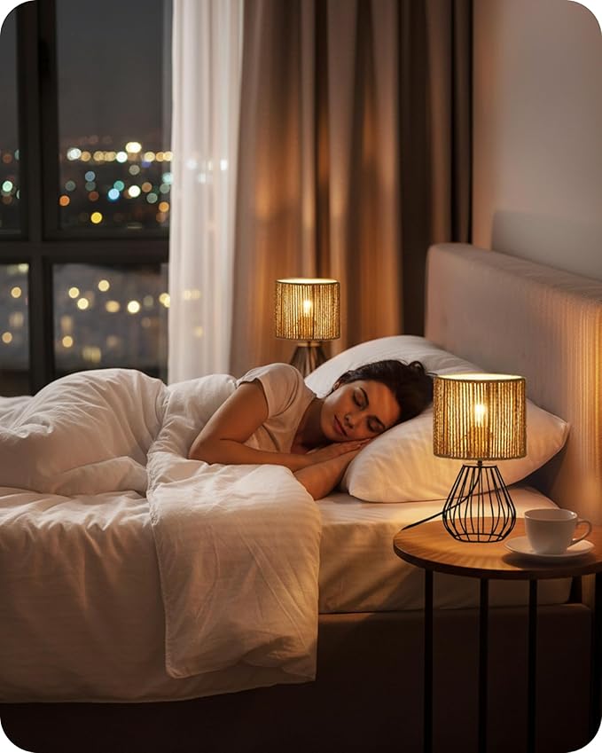 Rattan Table Lamp, Boho Table Lamp, Small Bedside Lamp, Handwoven Paper Lampshade, 2700K LED Bulb Included, Boho Desk Lamp, Modern Nightstand Lamp for Bedroom, Living Room, Striped SW06TL05