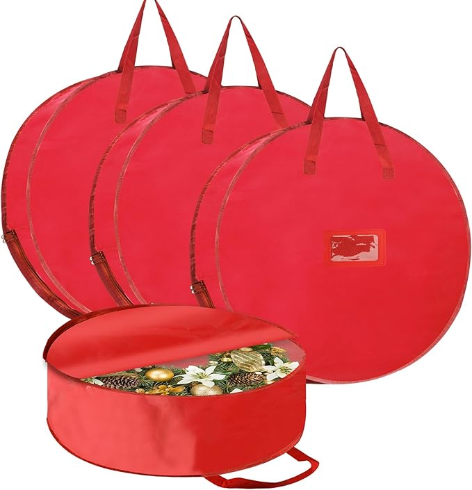 YAYODS 4 Pack Wreath Storage Container 36 Inch Christmas Wreath Storage Bag, 420D Oxford Wreath Holder with Zipper and Handles for Xmas Holiday, Decorations (Red)