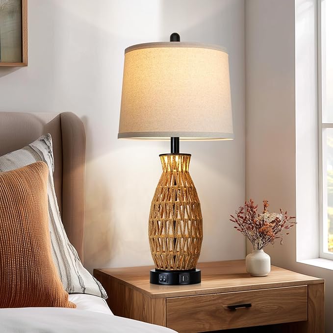 CINSARY 27" Rattan Table Lamps Set of 2 with Night Light, Boho Wicker Bedside Lamp for Bedroom with USB A+C Ports, Coastal Handwoven Woven Nightstand Lamps, Nautical Living Room Lamp for End Table