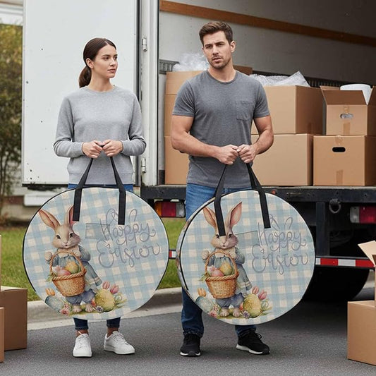 36 Inch Round Storage Bag 2 Pack,Happy Easter Rabbit Egg Basket Waterproof Wreath Storage Container with Handles&Zipper Flower on Blue Checker Closet Organizer Bags Garland Box