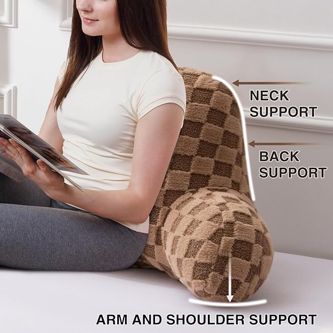 A Nice Night Faux Fur Reading Pillow,Checkered Fluffy Grid Plaid,Bed Wedge Pillow Large Adult Children Backrest with Arms for Bedrest,Brown