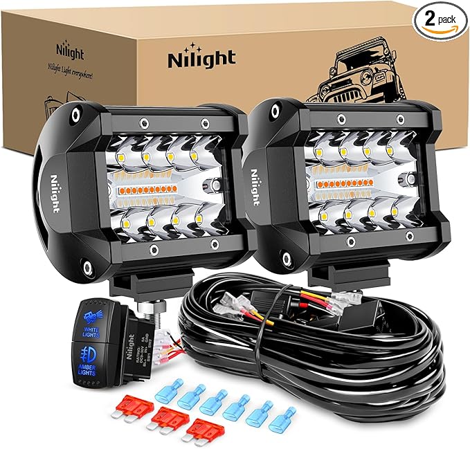 Nilight 4Inch Off-Road LED Light Bar, 2PCS 60W 3 Lighting Modes (White/Amber/White&Amber) Driving Fog Light Spot Flood Lights with 18AWG Wiring Harness for Truck Car ATV SUV Jeep Boat
