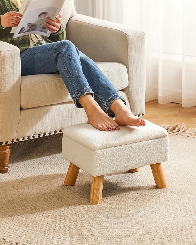 YMYNY Storage Ottoman, Small Foot Stool Ottoman with Storage, Foot Rest with Padded Seat, Teddy Velvet, Sturdy Wood Legs Stool for Living Room Bedroom Couch Enterway, White UHBD042W