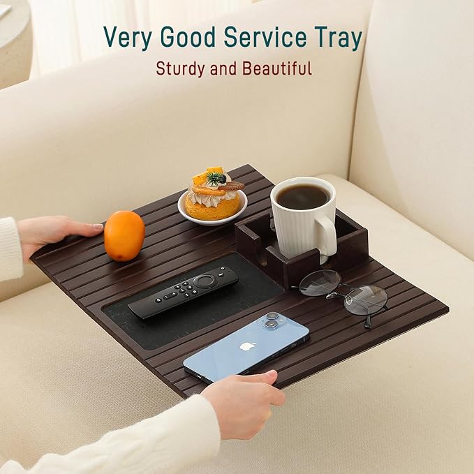 Bamboo Couch Cup Holder Arm Tray Table with Anti-Slip Cork Pad，Couch Drink Holder，Sofa Cup Holder Armrest Tray，Foldable Arm Chair Table Recliners for Drink, Cups, Eats，Snacks, Phone, Remote (Mahogany)