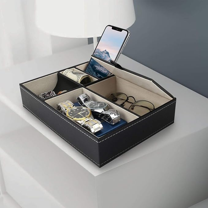 Baoyun Mens Valet Tray Organizer, Mens Jewelry Box, Nightstand Organizer for Men with 5 compartments, Faux Leather Key Tray for Entryway Table, Bedside Storage for Watch, Coin, Phone Gifts for Men