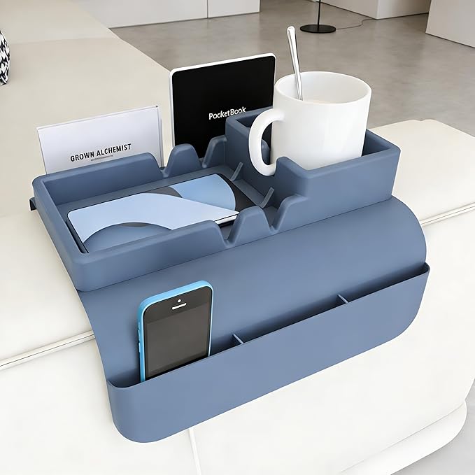Couch Arm Cup Holder - Silicone Sofa Armrest Tray with 5 Side Pockets, Anti-Slip Armrest Recliner Armchair Caddy, Sofa Table Organizer for Drinks Tablet Remote Snacks Cellphone Cup (Blue)