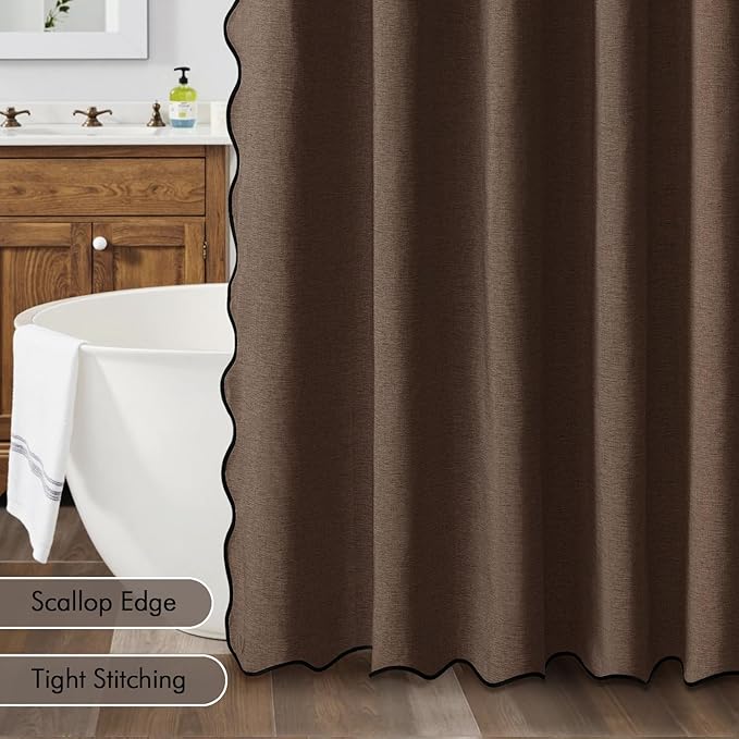 MIULEE Brown Scalloped Shower Curtain Linen Textured with 12 Metal Hooks Cute Heavy Duty Washable Waterproof Thick Cloth Shower Curtains with Black Border for Bathroom Hotel Bathtub,W72*L72