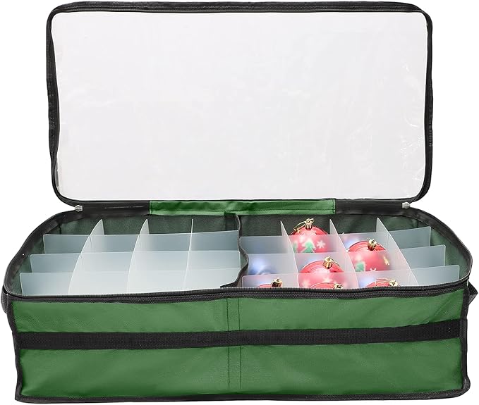 Ornament Storage Box Under Bed 64 Cell Partition 600D Oxford PVC Transparent Window 61x30.5x15cm (Green)