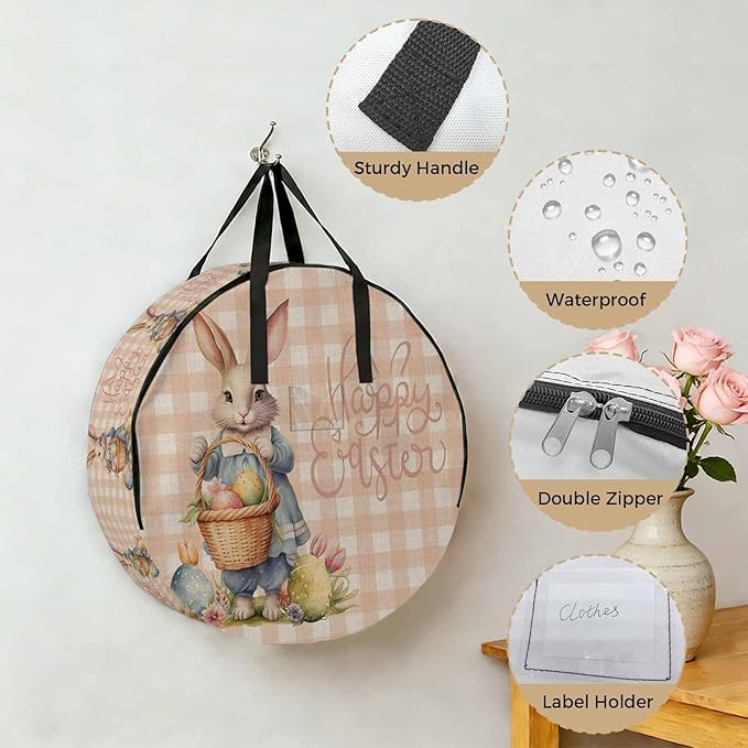 30 Inch Round Storage Bag 2 Pack,Easter Cartoon Rabbit Eggs Basket Waterproof Wreath Storage Container with Handles&Zipper Flower Orange Grid on Linen Closet Organizer Bags Garland Box