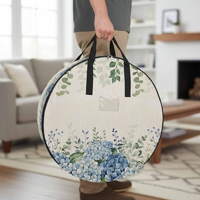Storage Bag Blue Hydrangea Round Storage Totes Bins Closet Organizers with Zippers & Handle Green Eucalyptus Leaves Linen Clothes Storage Container for Bedroom Dorm Space Saving Packing Supplies Bags