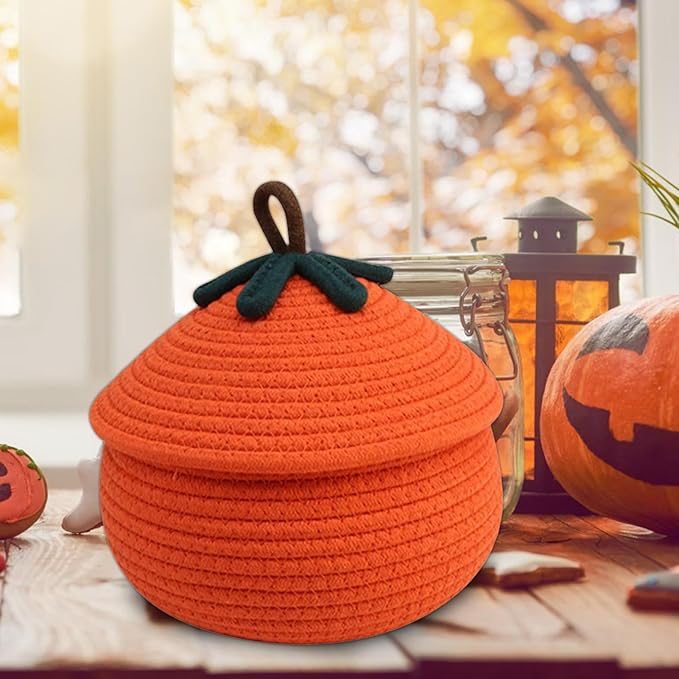 Pumpkin Basket with Lid, Halloween Woven Storage Basket Woven Storage Basket Halloween Pumpkin Design, Decorative Seasonal Rope for Keys, Books