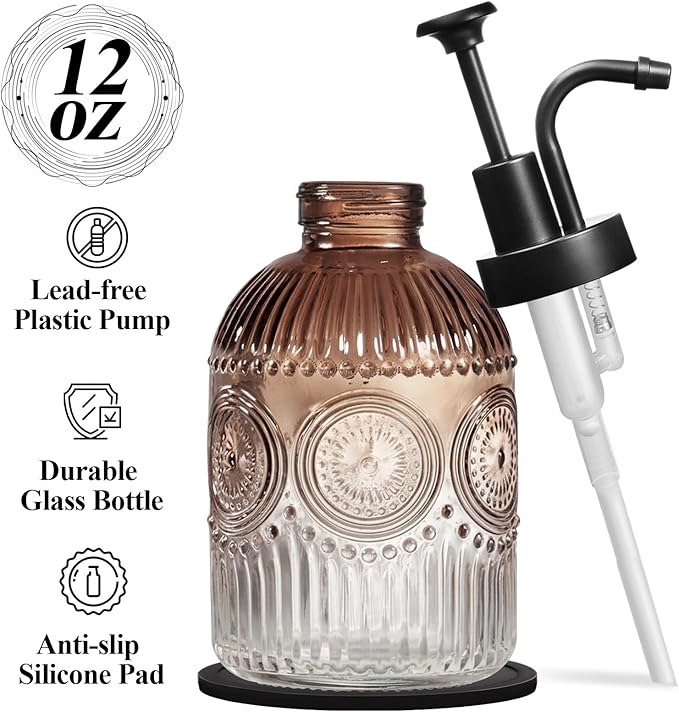 SheeChung 12Oz Vintage Glass Bathroom Soap Dispenser, Kitchen Dish Soap Dispenser with Pump, Refillable Liquid Hand Soap Bottle, Lotion, Antique Rustic Farmhouse Decor (Brown-Black Pump, 1 Pack)