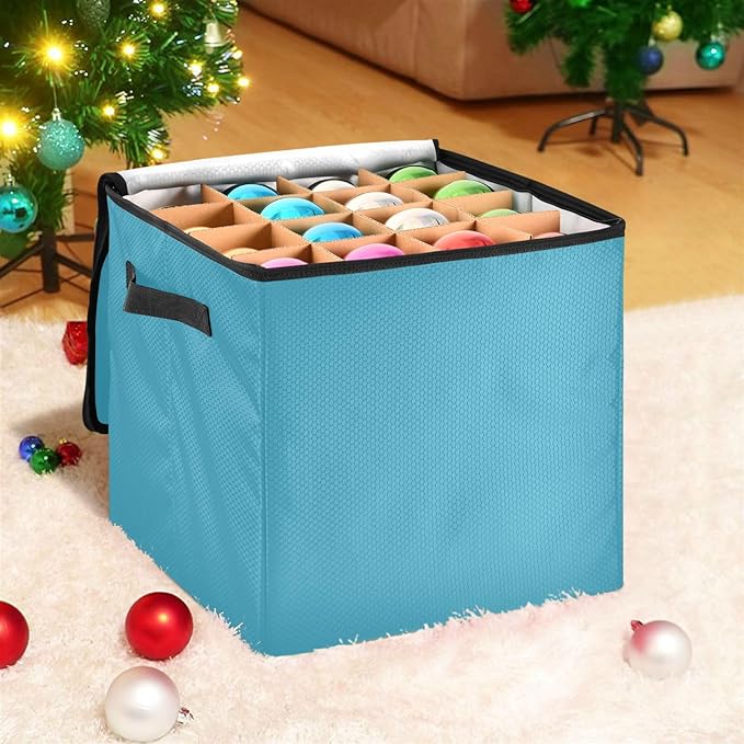 Blue Christmas Ornament Storage Basket Box Holiday Storage Container Cube with Adjustable Dividers for 64 Holiday Ornaments or Decorations Keeps Clean and Dry for Next Season