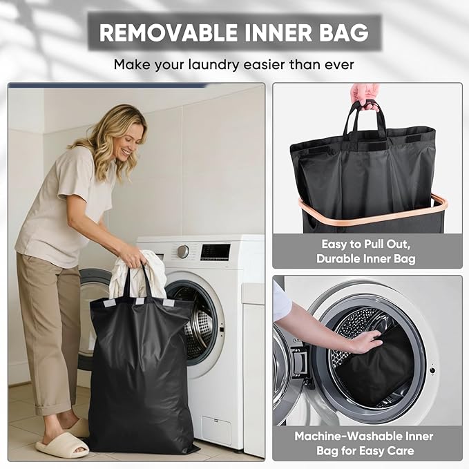 BALEINE Laundry Hamper with Lid, Tall Laundry Baskets with Bamboo Pull Handles, Large Laundry Bin with Internal Support (18 Gal/70L, Black)