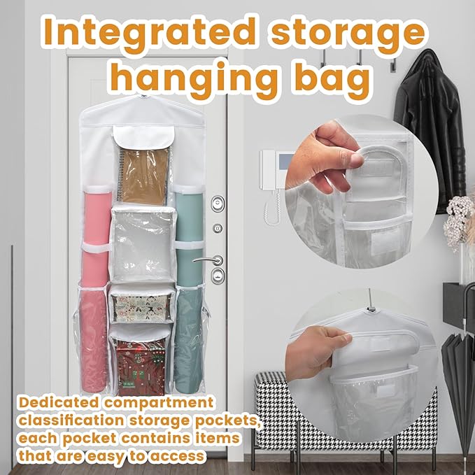 Wrapping Paper Storage - Double-Sided Hanging Wrap Organizer, Compartmental Wrap Organizer Holder, Wrapping Paper Storage Containers, Behind The Door Storage for Kitchen Bedroom Closet (White)