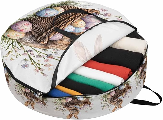 24 Inch Round Storage Bag 1 Pack,Easter Bunny Egg Basket on White Waterproof Wreath Storage Container with Handles&Zipper Spring Pastoral Plant Closet Organizer Bags Garland Box
