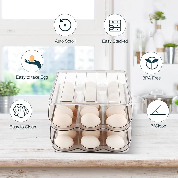 MesRosa Egg Holder for Fridge, Automatically Rolling Egg Storage Container for Refrigerator,Large Capacity Egg Organizer for Fridge with Lid,Clear Plastic Dispenser, Tray & Bin -1 Layer
