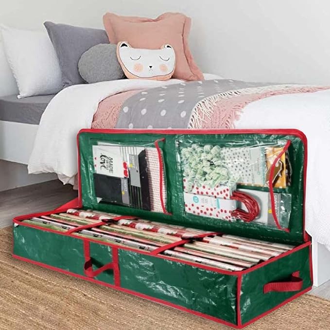 AOLHXY Gift Wrap Organizer, christmas storage under bed,Christmas Wrapping Paper Storage Bag Useful Pockets for Xmas Accessories, Large Capacity Storage Box,Holiday Accessories