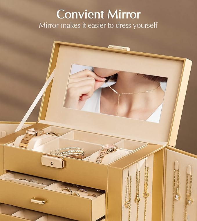 Homde Mothers Day Gifts Synthetic Leather Huge Jewelry Box Mirrored Watch Organizer Necklace Ring Earring Storage Lockable Gift Case (Gold)