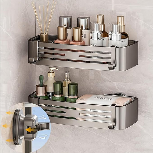 2Pcs Suction Cup Shower Caddy,Upgrade Extra-Strong Suction Shower Shelves with Hooks,No Drilling Waterproof & Rustproof Bathroom Organizers and Storage,Reusable Shower Racks for Shampoo and Toiletries