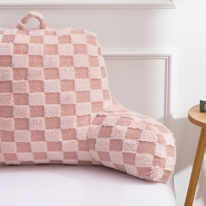 Aimuan Reading Pillow Checkered Bed Rest Wedge Backrest Checkerboard Pillow with Arms Back Support for Sitting Up in Bed Cushion Incline Rest Sleeping Snoring Pillow, Pink