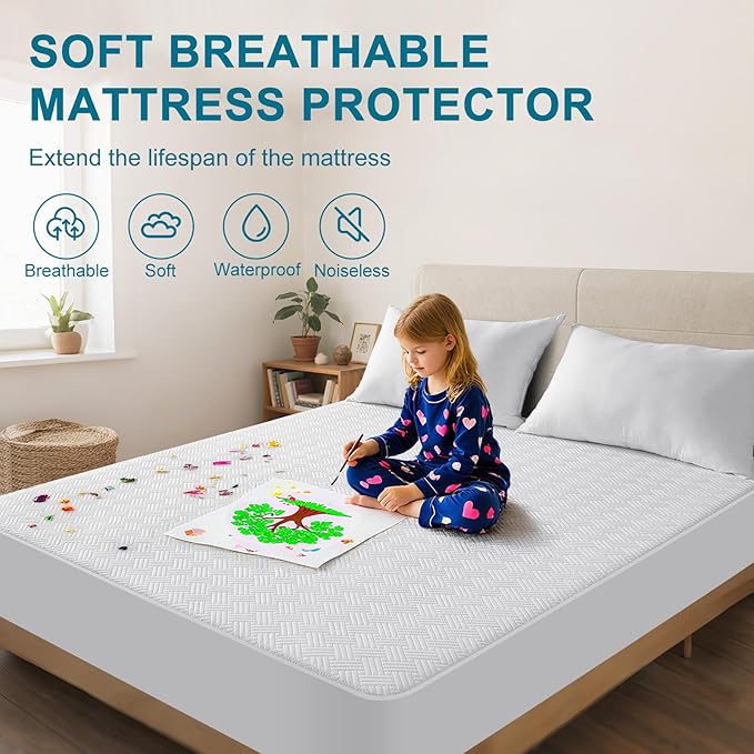 GOPOONY Waterproof Mattress Protector California King Size - Breathable, Noiseless, Ultra-Soft Bed Cover, Mattress Pad Cover with Deep Stretchable Pockets 8"-21" (White)
