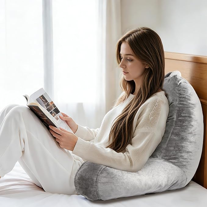OAISZ Reading Pillow for Sitting in Bed Adult, Reading Pillow with Shredded Memory Foam, Bed Pillow with Washable Cover, Back Pillow Sitting Up with Extend Arms, Light Gery, X-Large
