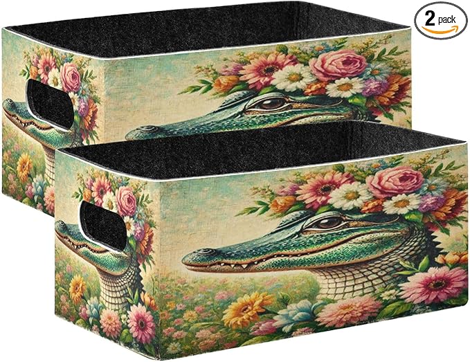Crocodile Flower Wreath Storage Bins Cubes Basket Foldable Cube Storage Bin Box Fabric Cube Organizer Clothes Basket Laundry Baskets for Bathroom Bedroom Car Office Set of 2