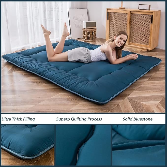 MAXYOYO Japanese Floor Mattress Futon Mattress, Thicken Sleeping Pad Foldable Roll Up Floor Futon for Adults Tatami Mat Dormitory Lounger, Bluestone, Queen Size