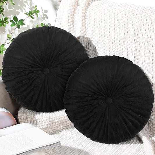 Namalu 2 Pcs Round Throw Pillow 13.8 Inch Decorative Round Velvet Floor Pillows Pumpkin Throw Pillows with Center Button for Thanksgiving Home Decor Living Room Sofa Couch Bed Chair (Black)