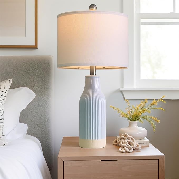 USumkky 23.75inch Light Blue Modern Ceramic Bedside Lamp Set of 2 with 5FT Cord for Bedroom Decor Farmhouse Table Lamp for Living Room Office Dorm