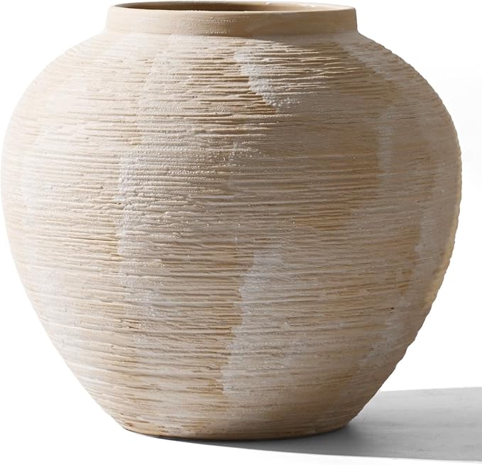 Large Rustic Farmhouse Vase - 8.8 in Ceramic Boho Decorative Vase for Home Decor, Round Clay Whitewashed Terracotta Bowl vase for Living Room, Table, Shelf, Centerpieces