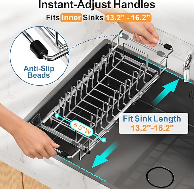 GSlife Small Dish Drying Rack for Counter or Over Sink, Stainless Steel Expandable Dish Drainer with Drain Board and 360° Swivel Drain Spout, Compact for RV, Camper, 1-2 People, Narrow 6.5" W, Silver