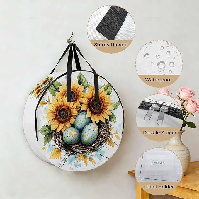 Easter Eggs Nest Round Storage Bag 30 Inch, Watercolor Green Egg Spring Sunflowers Floral Leaf Clothes Storage Container with Handles Heavy Duty Organizer for Comforter, Bedding & Holiday Wreaths