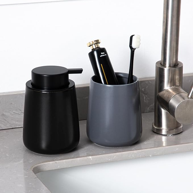 Enra Foaming Black Soap Dispenser,12 oz Ceramic Hand Soap Dispenser, Refillable Dish Soap Dispenser,Modern Foam Soap Dispenser for Bathroom,Kitchen with Easy-to-Press Pump (Black Foam Type)