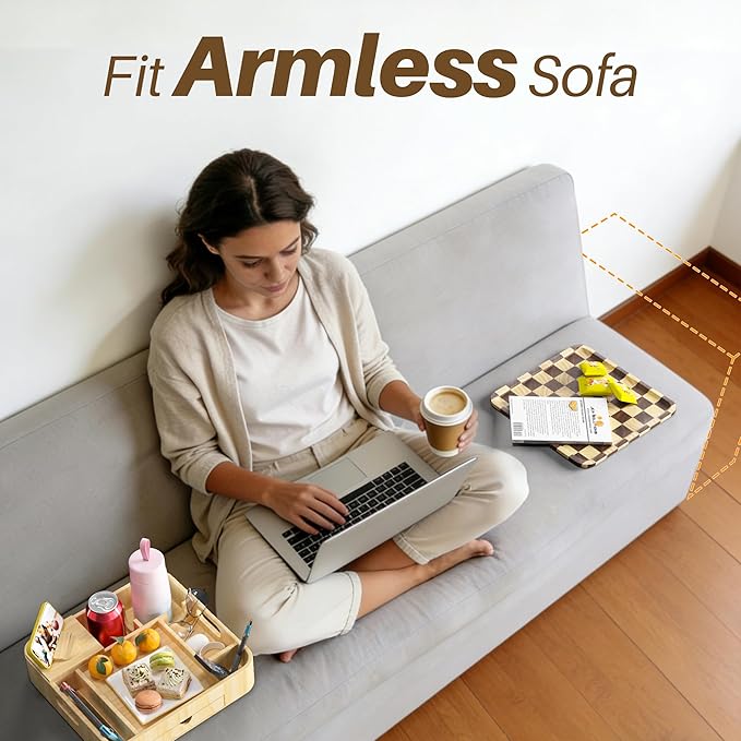 Couch Cup Holder, Checkered Couch Tray Cup Holder Sofa Tray, Large Capacity 2-Tier Wooden Trays with Drawer for Sofa, Bed, Picnic, Drinks, Remote, Cell Phone,TV Trays (Solid Pine Wood)12.5*12.5 in