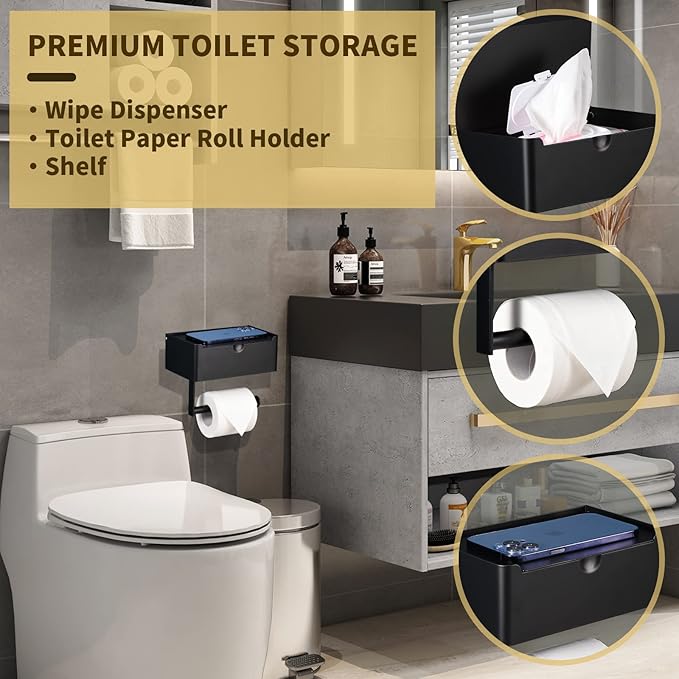 LAYUKI Toilet Paper Holder with Shelf, Wipe Holder for Bathroom, Large, Stainless Steel, Wall Mounted, Matt Black, Upgraded Toilet Paper Holder