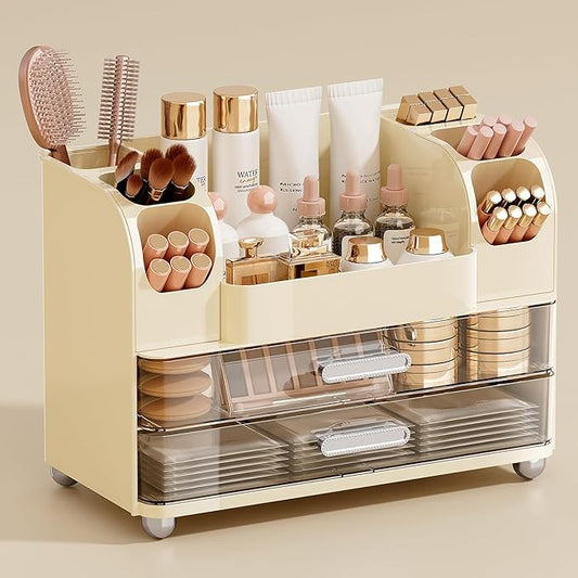 Makeup Organizer for Vanity with 2 Large Drawers, Cosmetic Display Case with Brush Holders, Easy to Storage for Bathroom Countertop Skincare, Perfume, Cream White