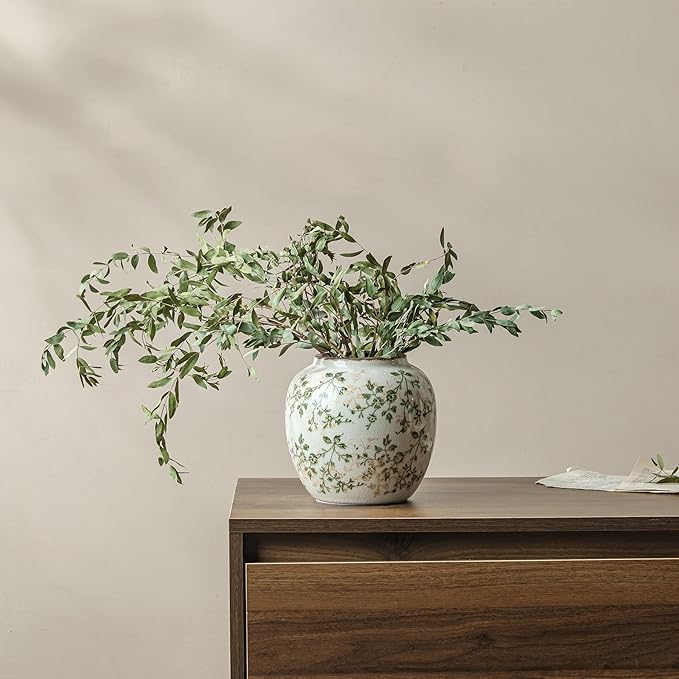 for Mom from Daughter or Son, Vintage Green Round Pastoral Ceramic Vase 6.7”, Ice Cracked Chinoiserie Floral Vase, Rustic Decor for Living Room, Bookshelf, Office, Table Centerpiece
