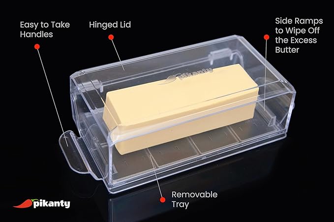 Pikanty Airtight Butter Dish with Hinged Lid - Large Plastic Butter Container for Countertop or Fridge, Fits East & West Coast Sticks, Dishwasher Safe, Made in USA