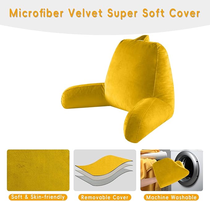 OAISZ Reading Pillow for Sitting in Bed Adult, X-Large Reading Pillow with Shredded Memory Foam, Back Pillow for Sitting Up with Extend Arms, Pockets, Bed Pillow with Washable Cover, Yellow