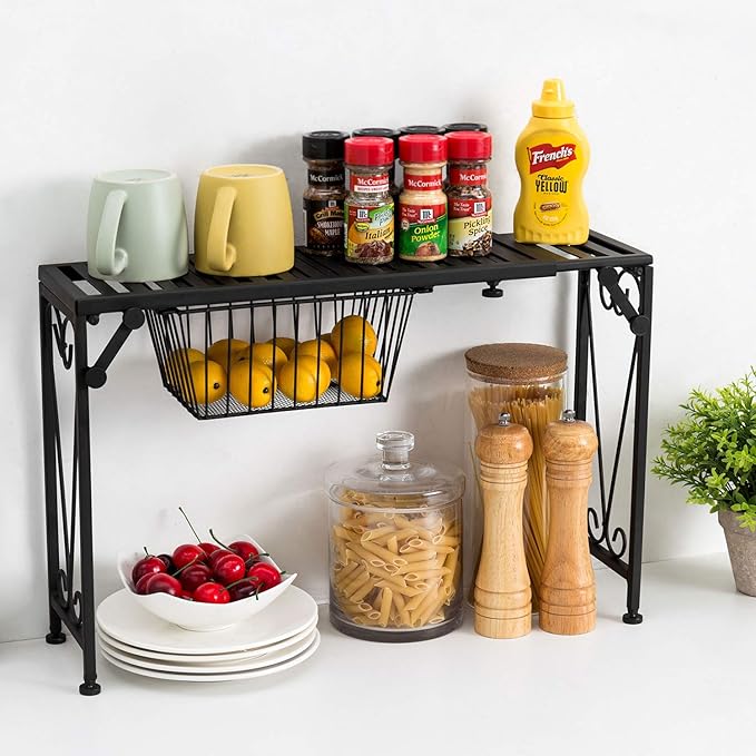 MyGift Over Sink Shelf with Pull Out Drawer, Expandable Black Metal Kitchen Over The Sink Shelf Rack, Bathroom Storage Shelf Riser with Scrollwork Design