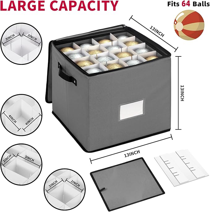 DIMESHY Christmas Ornament Storage Box With Adjustable Dividers,Ornament Storage Container With 4 Removable Trays for 64 Holiday Decorations,Gray