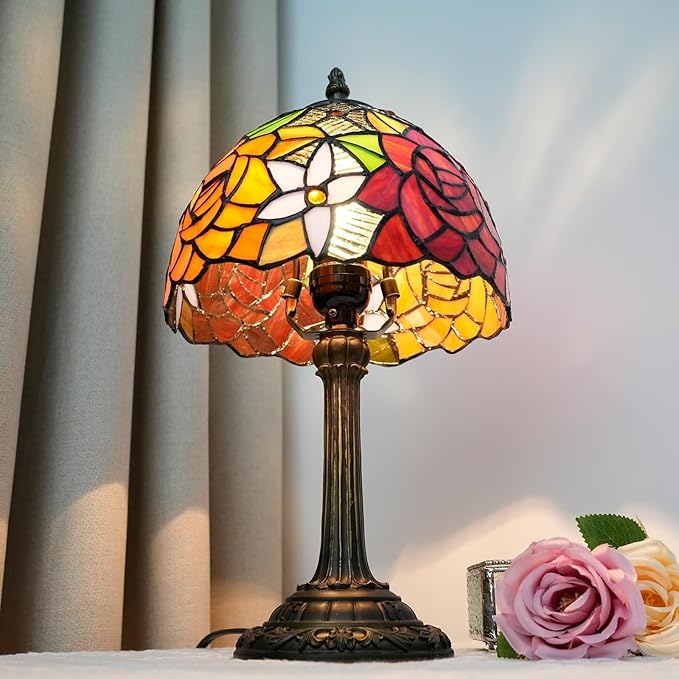Tiffany Lamp Bedside Table Lamp-Nightstand,Stained Glass Lamp for Bedroom Dorm Living Kitchen, Aesthetic Cute Home Decor Gift (8-inch Rose)